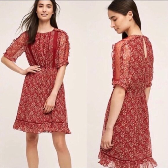 NWT Anthropologie Floreat Red Print Ruffle Lace Sheer Dress - Picture 1 of 16
